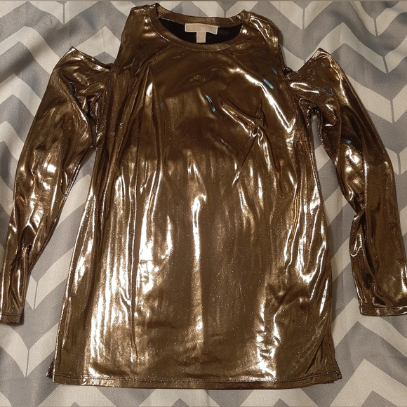 Michael Kors Slick Foil Cold Shoulder Long Sleeve Metallic Liquid Gold Top M - Picture 8 of 11